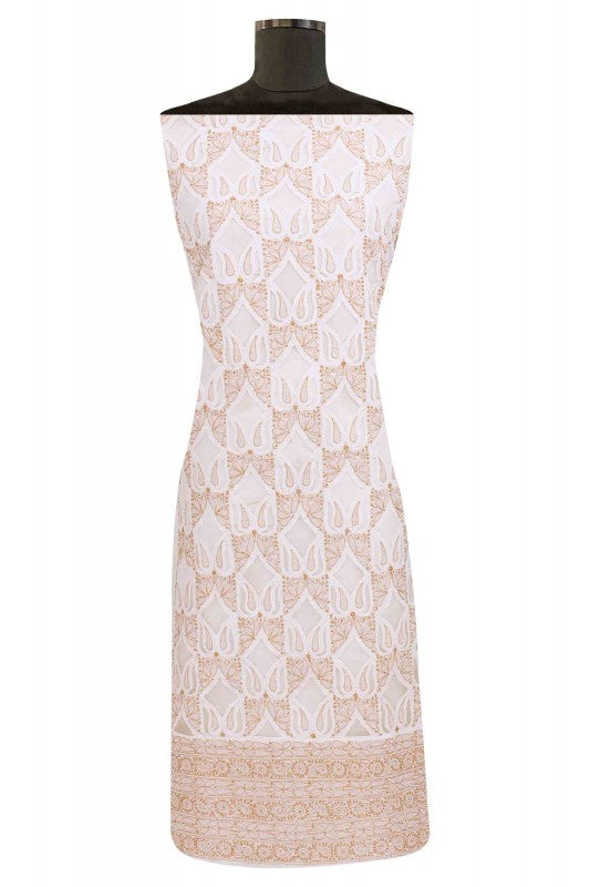 Ada Hand Embroidered White Cotton Lucknowi Chikan Unstitched Suit Piece A609676