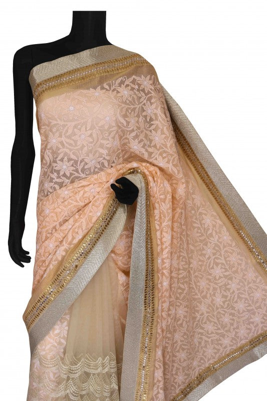 Ada Hand Embroidered Peach Kota Lucknowi Chikankari Saree With Blouse- A476123