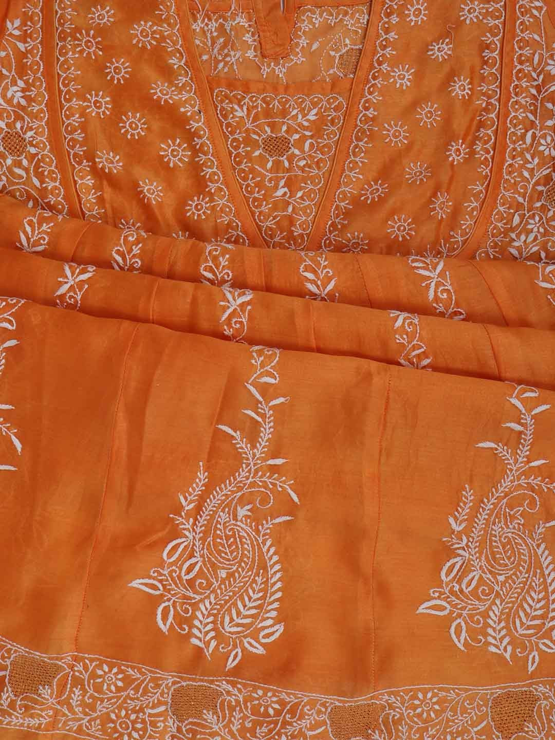 Ada Hand Embroidered Orange Chanderi Lucknowi Chikankari Semi-Stitched Anarkali Kurta Dupatta Set With Zari Work 01A205816