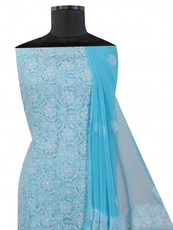 Ada Hand Embroidered Blue Georgette Lucknowi Chikankari Unstitched Suit Piece With Pearl Work 01A54152