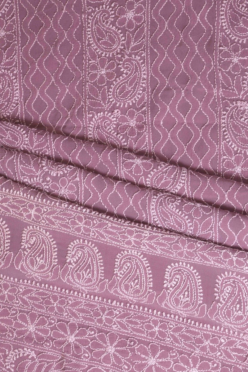 Ada Hand Embroidered Mauve Georgette Lucknowi Chikan Unstitched Kurta Dupatta Set A567447