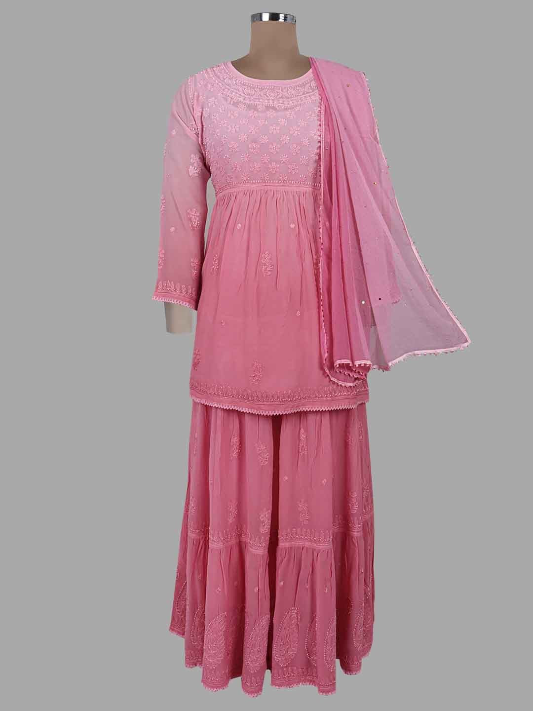 Ada Hand Embroidered Onion Pink Viscose Georgette Lucknowi Chikankari Kurta Dupatta And Palazzo Set 01A220225