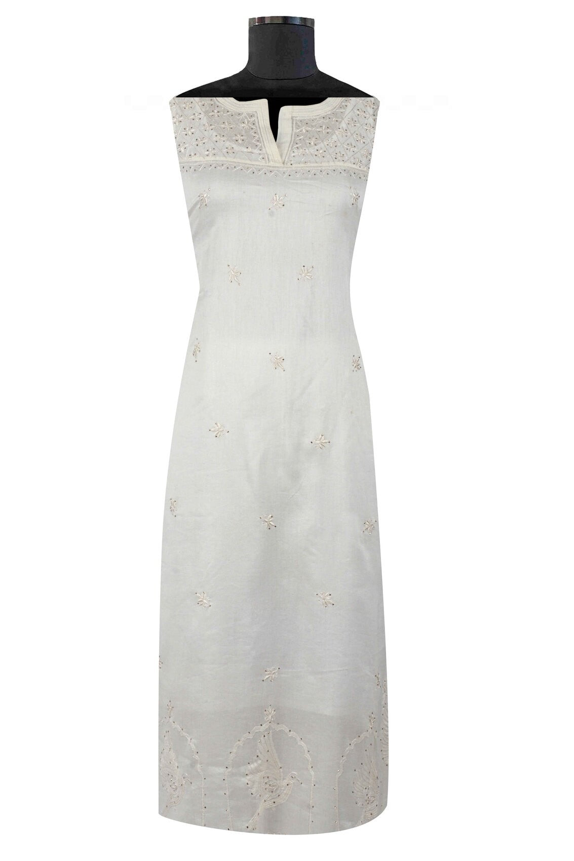 Ada Hand Embroidered White Chanderi Lucknowi Chikankari Unstitched Kurta Dupatta Set With Muqaish Work A595356