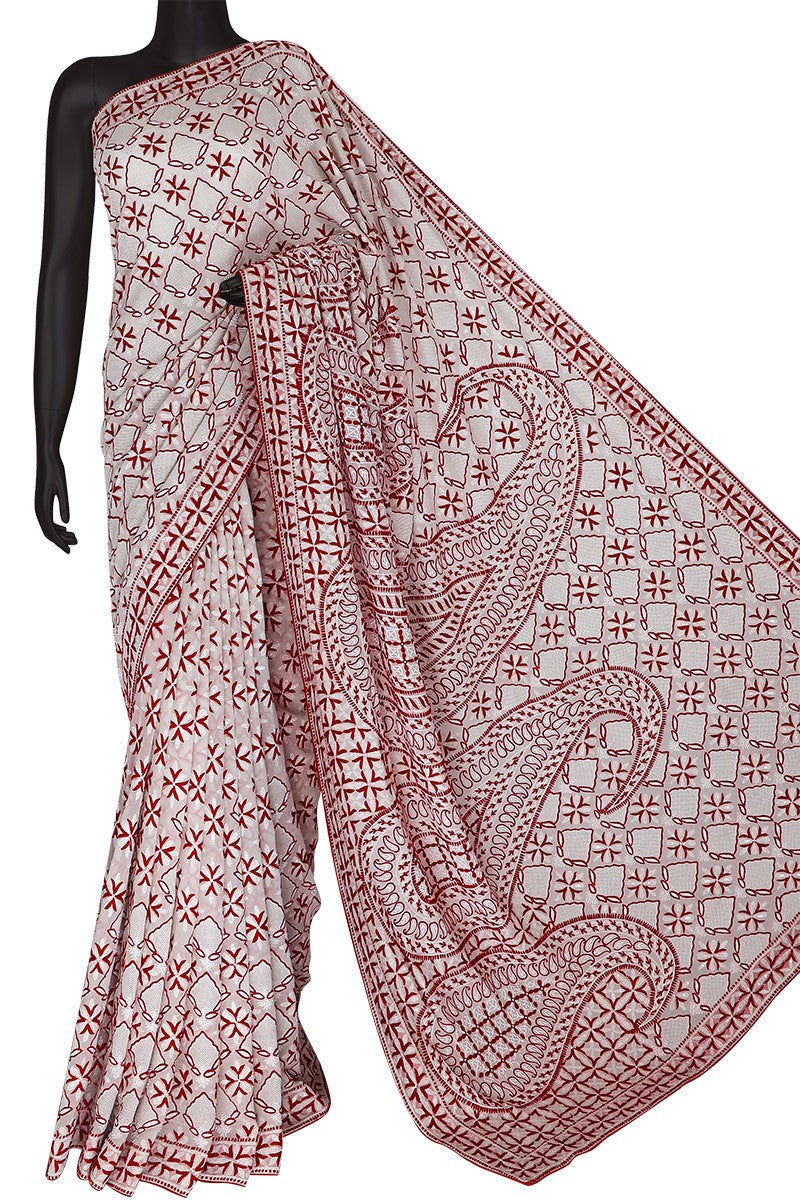 Ada Hand Embroidered White Pure Georgette Lucknowi Chikankari Saree /Blouse with Sequinned Work A98286