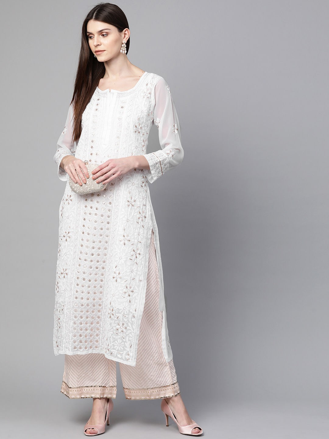 Ada Hand Embroidered White Georgette Lucknow Chikankari Straight Kurta/Slip with Muqaish Work – A100413
