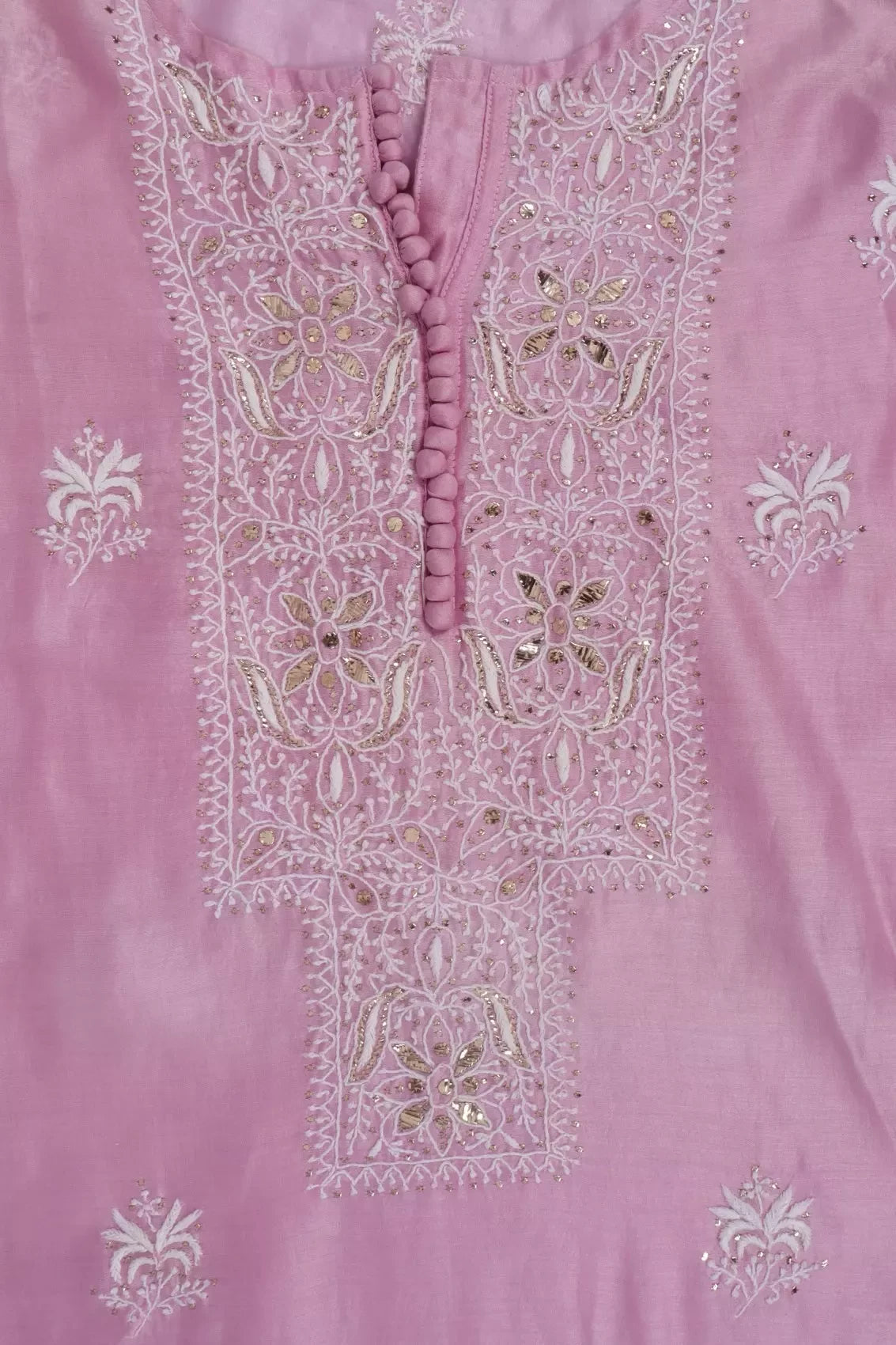 Ada Hand Embroidered Pink Chanderi Lucknowi Chikankari Unstitched Kurta Dupatta Set With Muqaish Work 01A216286