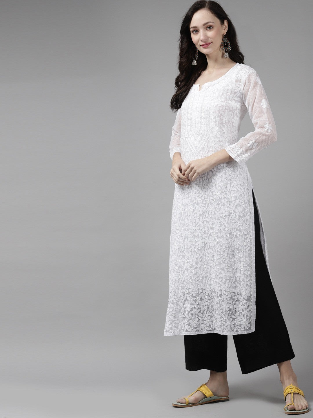Ada Hand Embroidered White  Kota Lucknow Chikankari Straight Kurta With Slip A411303