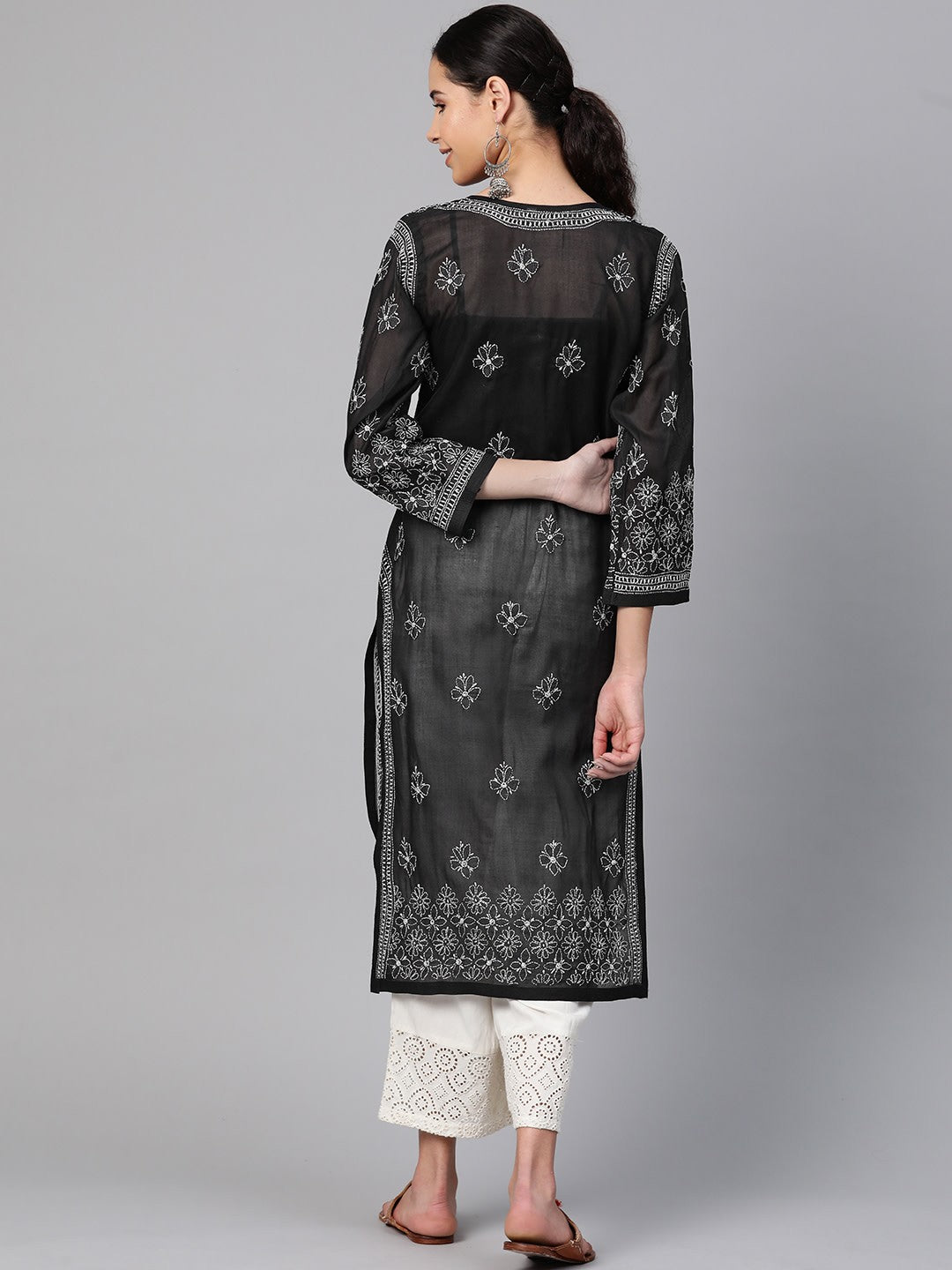 Ada Hand Embroidered Black Cotton Lucknow Chikankari straight Kurta A100380