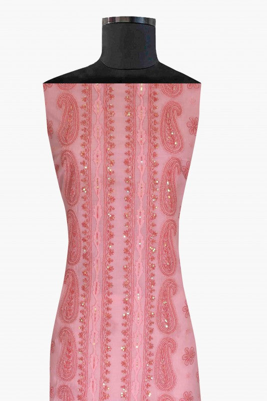 Ada Hand Embroidered Baby Pink Cotton Lucknowi Chikan Unstitched Kurta Piece with Sequinned Work - A175092