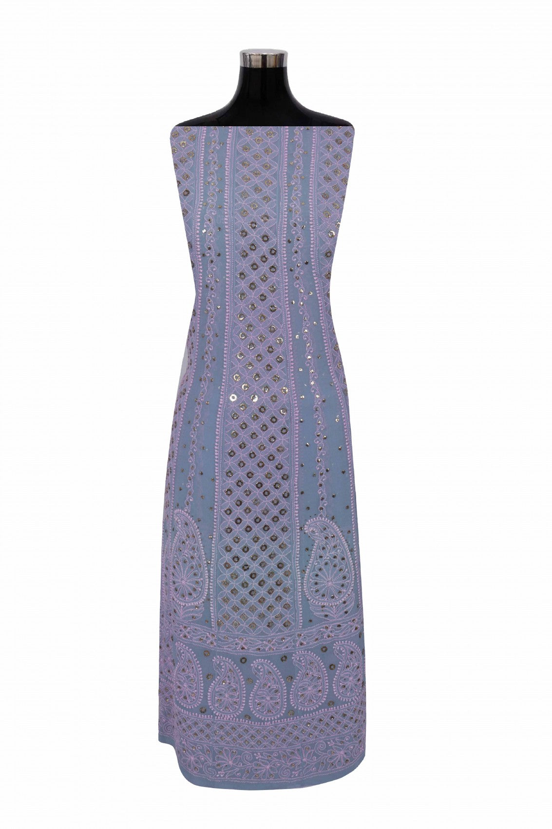 Ada Hand Embroidered Grey Georgette Lucknowi Chikankari Semi-Stitched Anarkali Kurta Dupatta Set With Muqaish Work A584097
