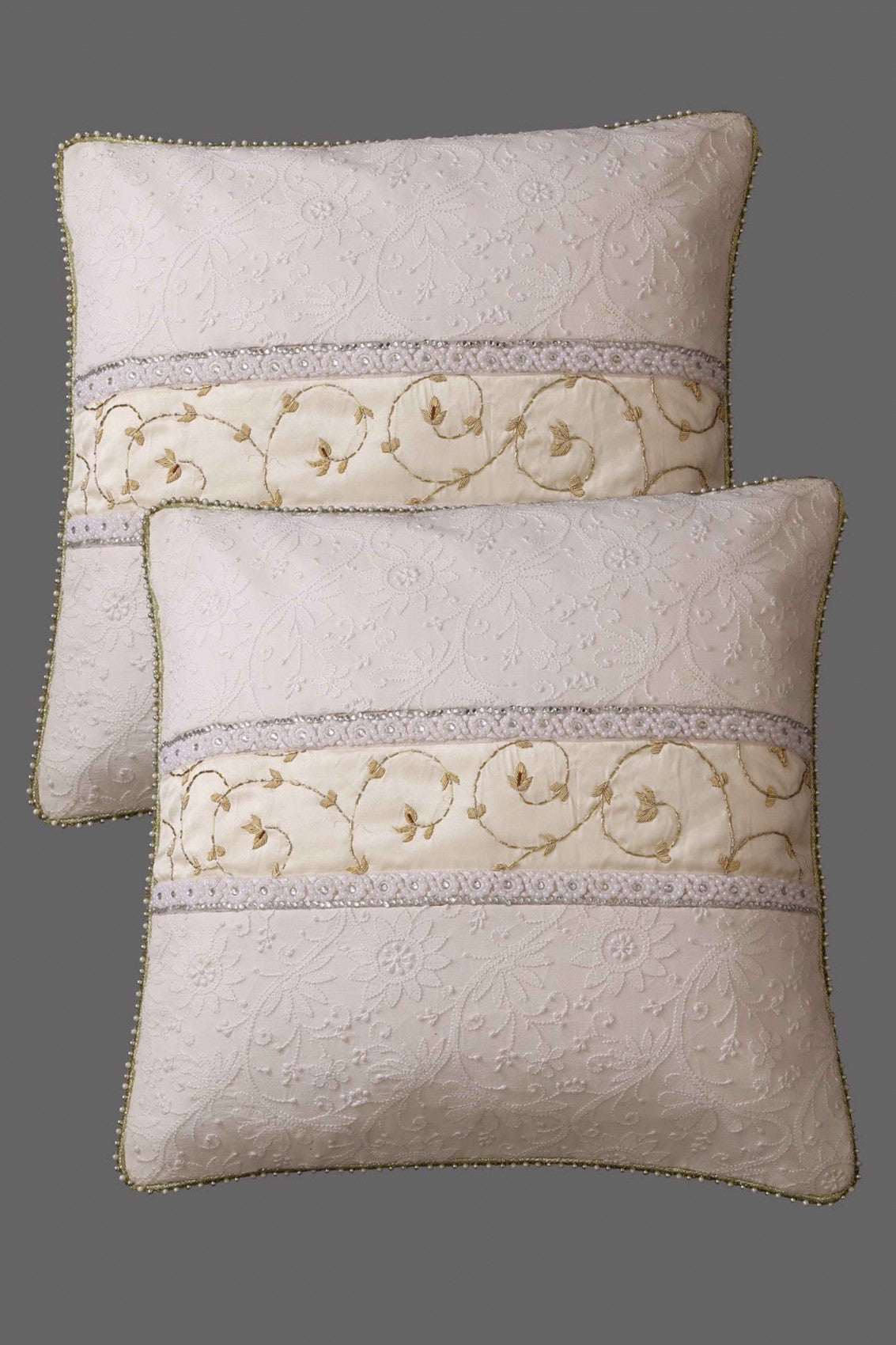 Ada Hand Embroidered White Pure Georgette Lucknow Chikankari Cushion Cover With Pearl Work Set Of 2 A340615