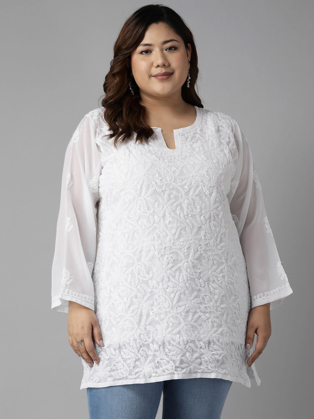 Ada Hand Embroidered White Georgette Lucknowi Chikankari Straight Kurti A911234