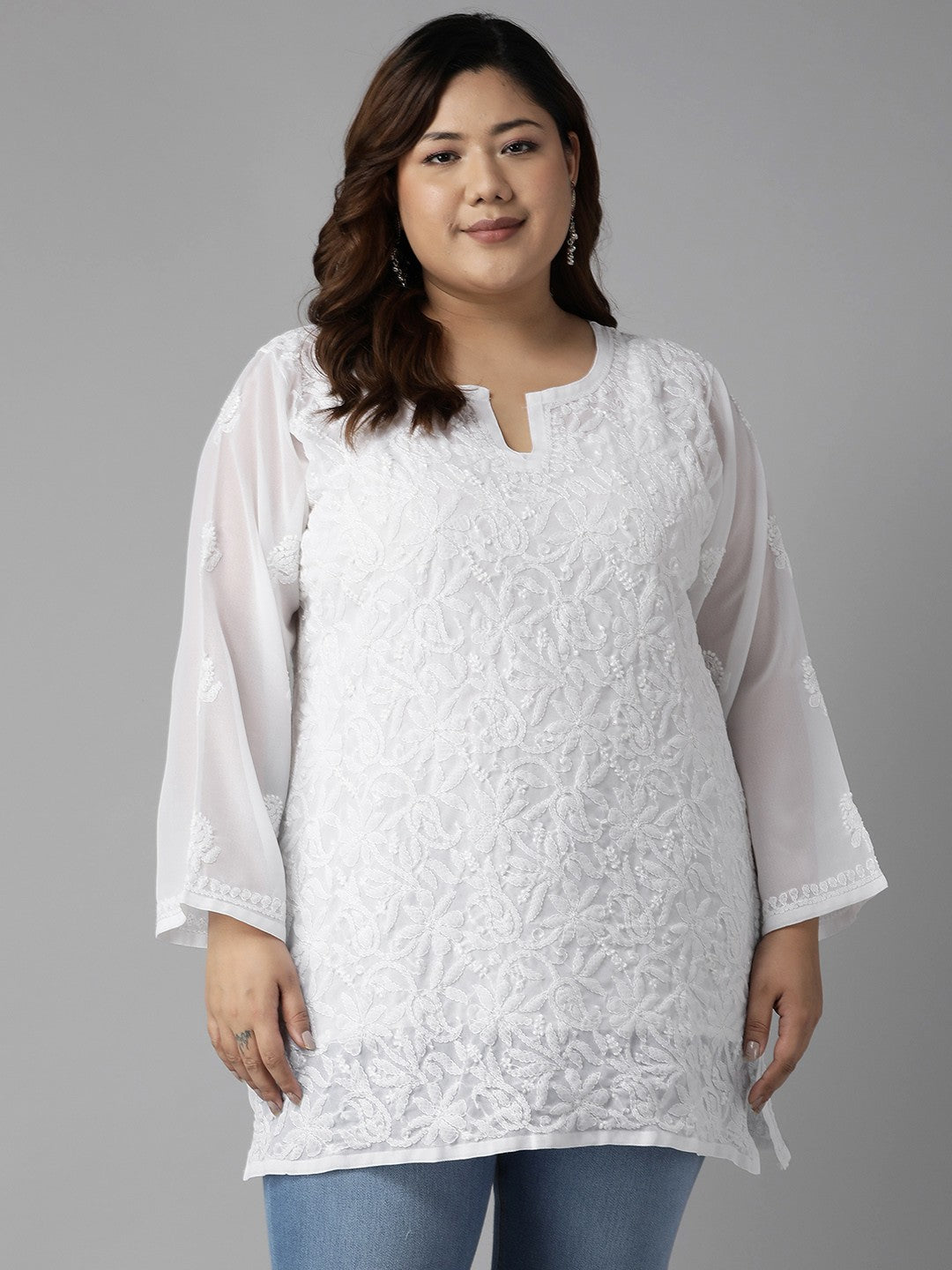 Ada Hand Embroidered White Georgette Lucknowi Chikankari Straight Kurti A911234