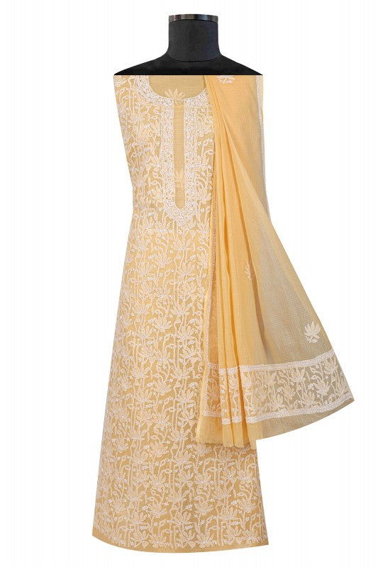 Ada Hand Embroidered Beige Kota Lucknowi Chikankari Unstitched Kurta Dupatta Set 01A160500