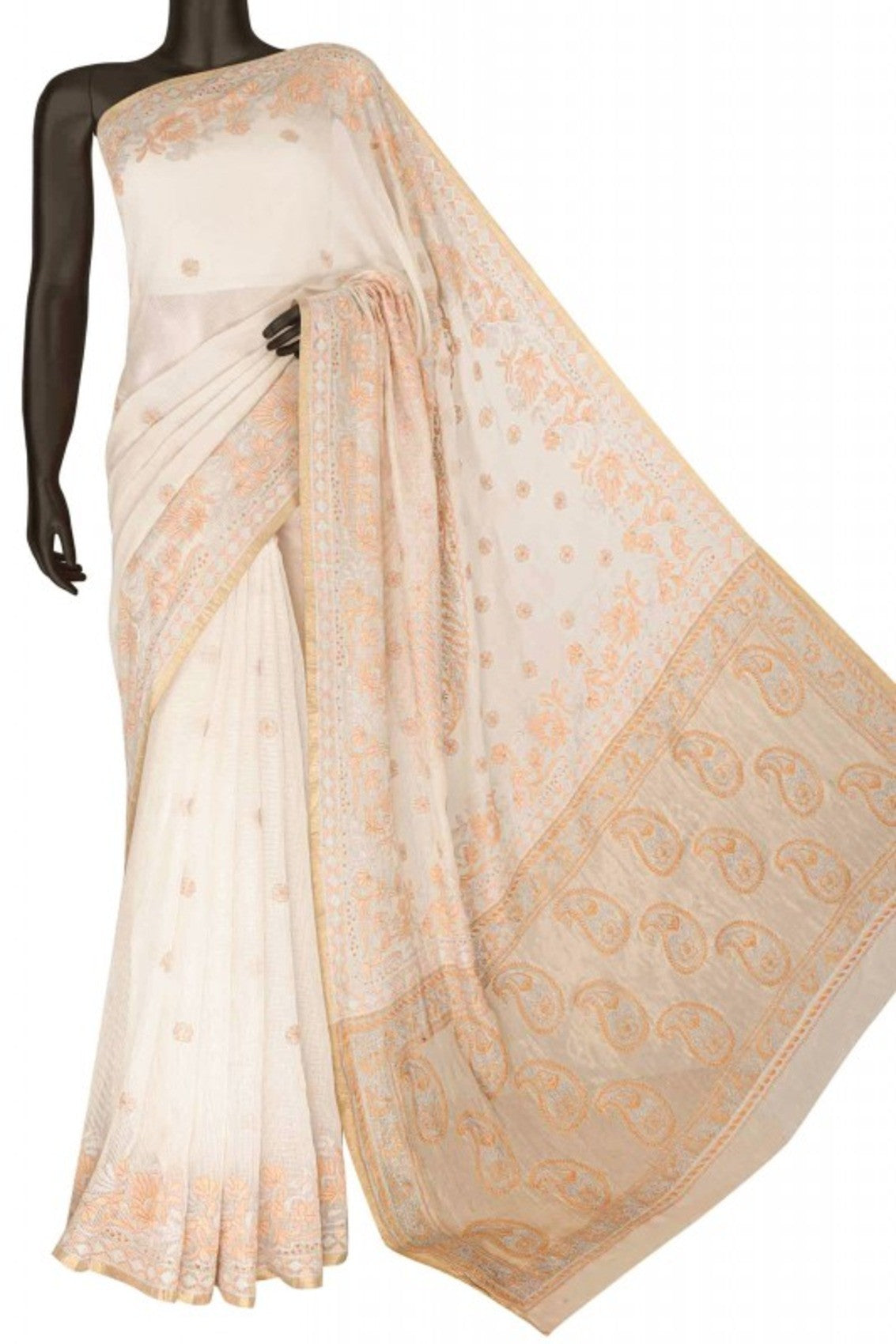 Ada Hand Embroidered Cream Chanderi Lucknowi Chikankari Saree With Blouse A148719