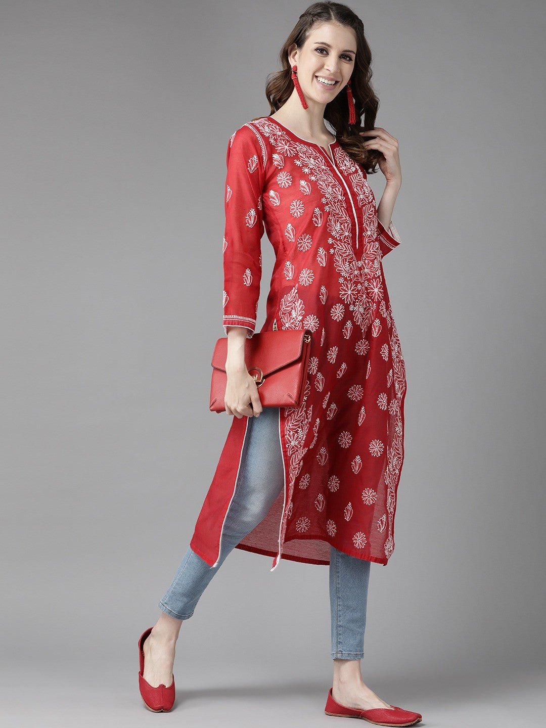 Ada Hand Embroidered Red Chanderi Lucknowi Chikankari Straight Kurta A411178