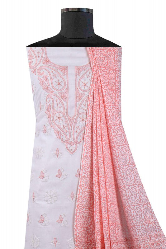 Ada Hand Embroidered White Cotton Lucknowi Chikan Unstitched Suit Piece A607693