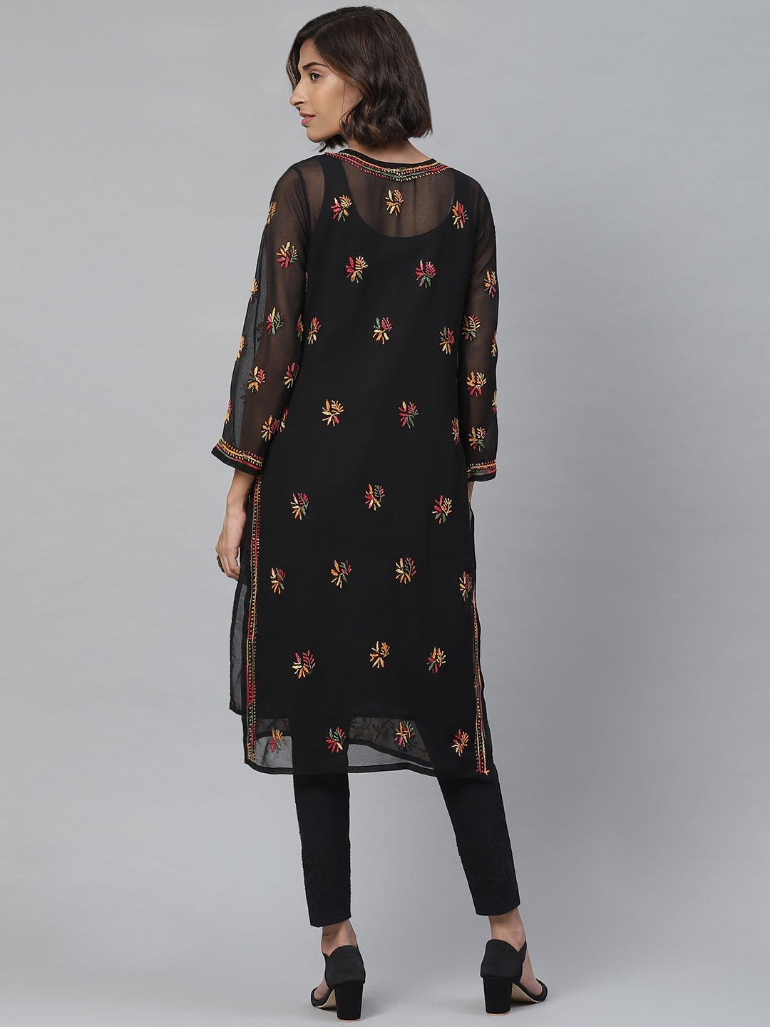 Ada Hand Embroidered Black Georgette Lucknowi Chikankari Kurta Set With Slip A811120