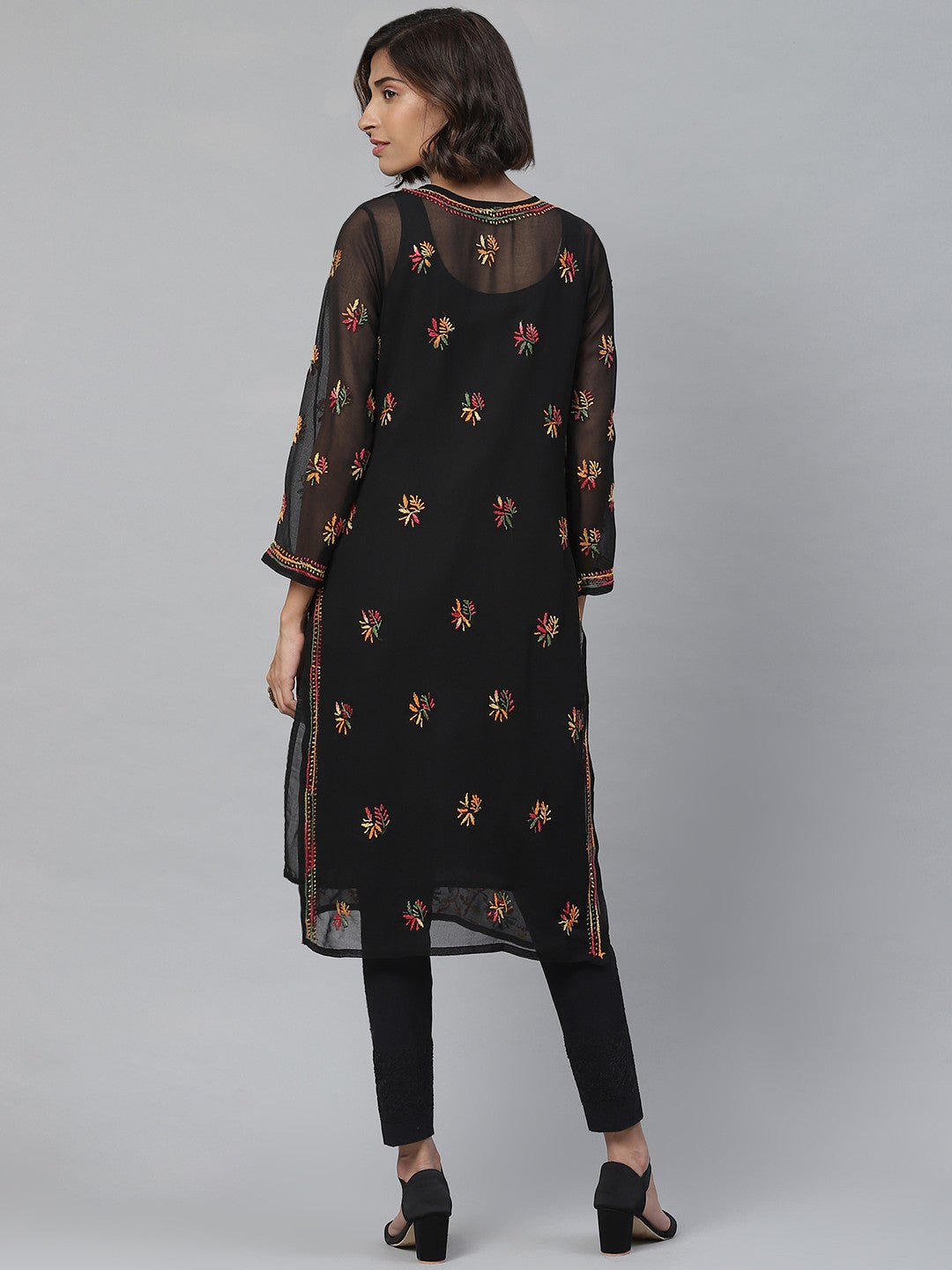 Ada Hand Embroidered Black Georgette Lucknowi Chikankari Kurta Set With Slip A811120