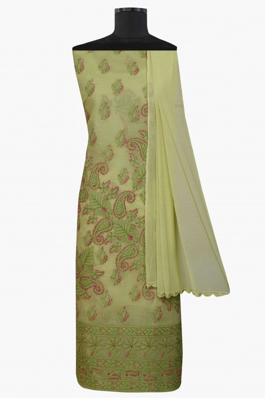 Ada Hand Embroidered Green Cotton Lucknowi Chikan Unstitched Suit Piece–A100158