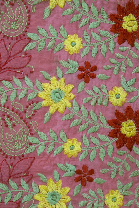 Ada Hand Embroidered Carrot Pink Cotton Lucknowi Chikan Unstitched Suit Piece–A100161