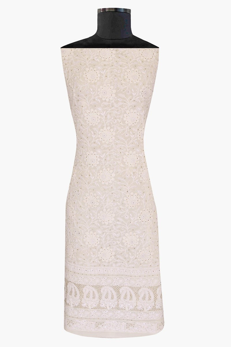 Ada Hand Embroidered White Pure Georgette Lucknowi Chikan Unstitched Kurta Dupatta Set With Muqaish Work-A610887