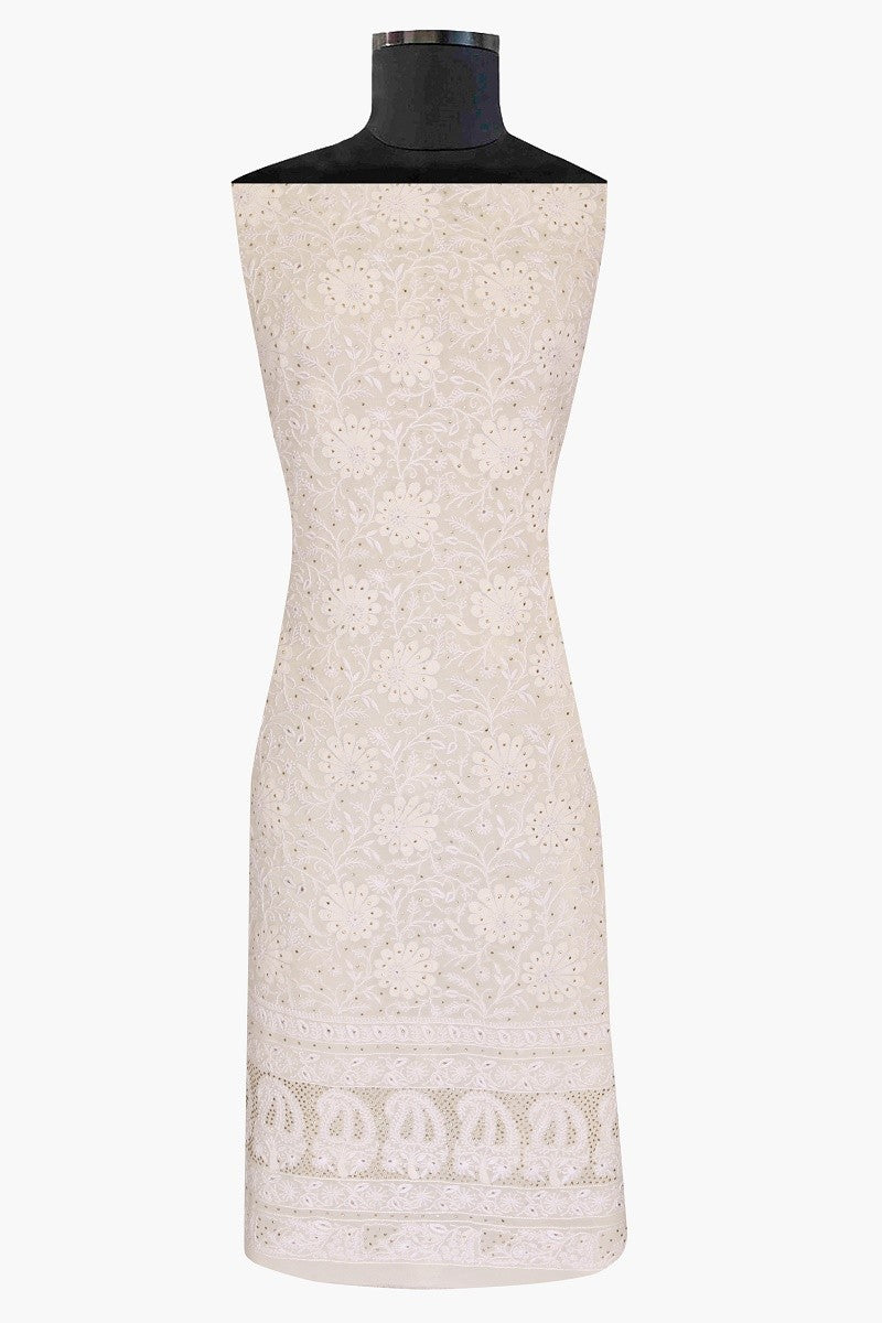 Ada Hand Embroidered White Pure Georgette Lucknowi Chikan Unstitched Kurta Dupatta Set With Muqaish Work-A610887