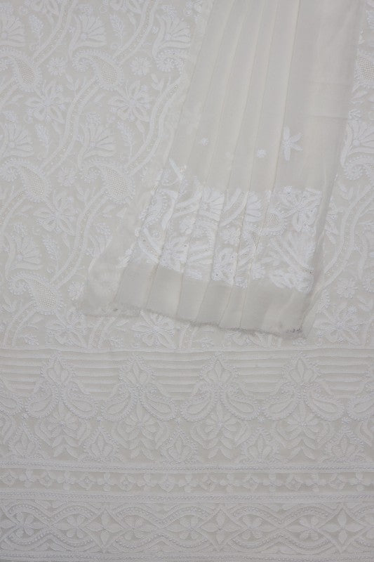 Ada Hand Embroidered White Pure Georgette Lucknowi Chikan Unstitched Kurta Dupatta Set A582986