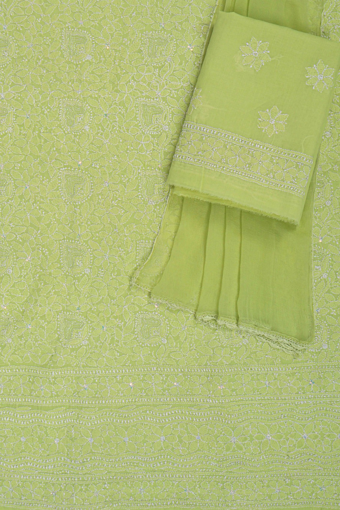 Ada Hand Embroidered Sheen Green Cotton Lucknowi Chikankari Unstitched Suit Piece With Cutdana 01A231891