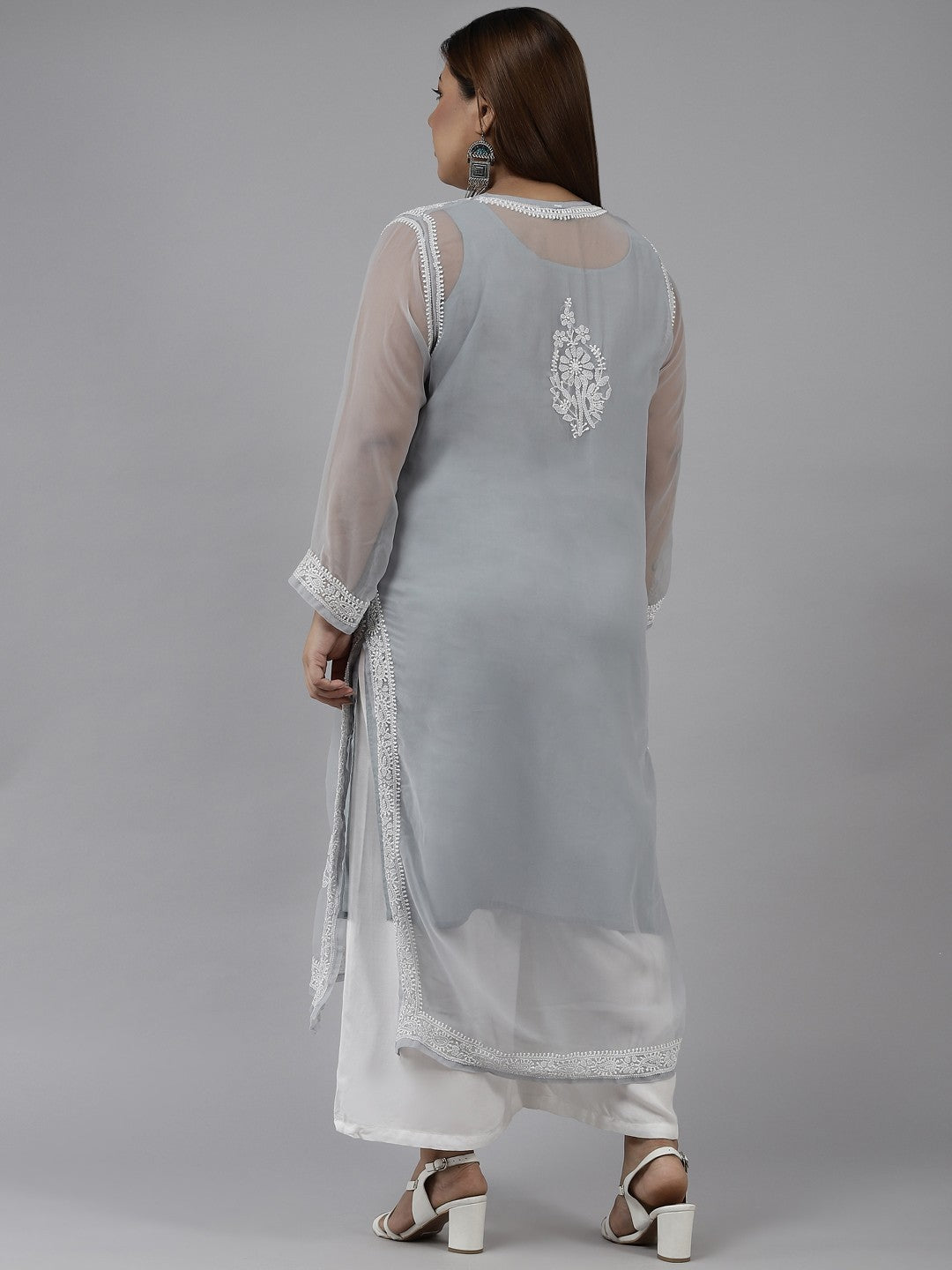 Ada Hand Embroidered Grey Georgette Lucknow Chikan Kurta with Slip A411358
