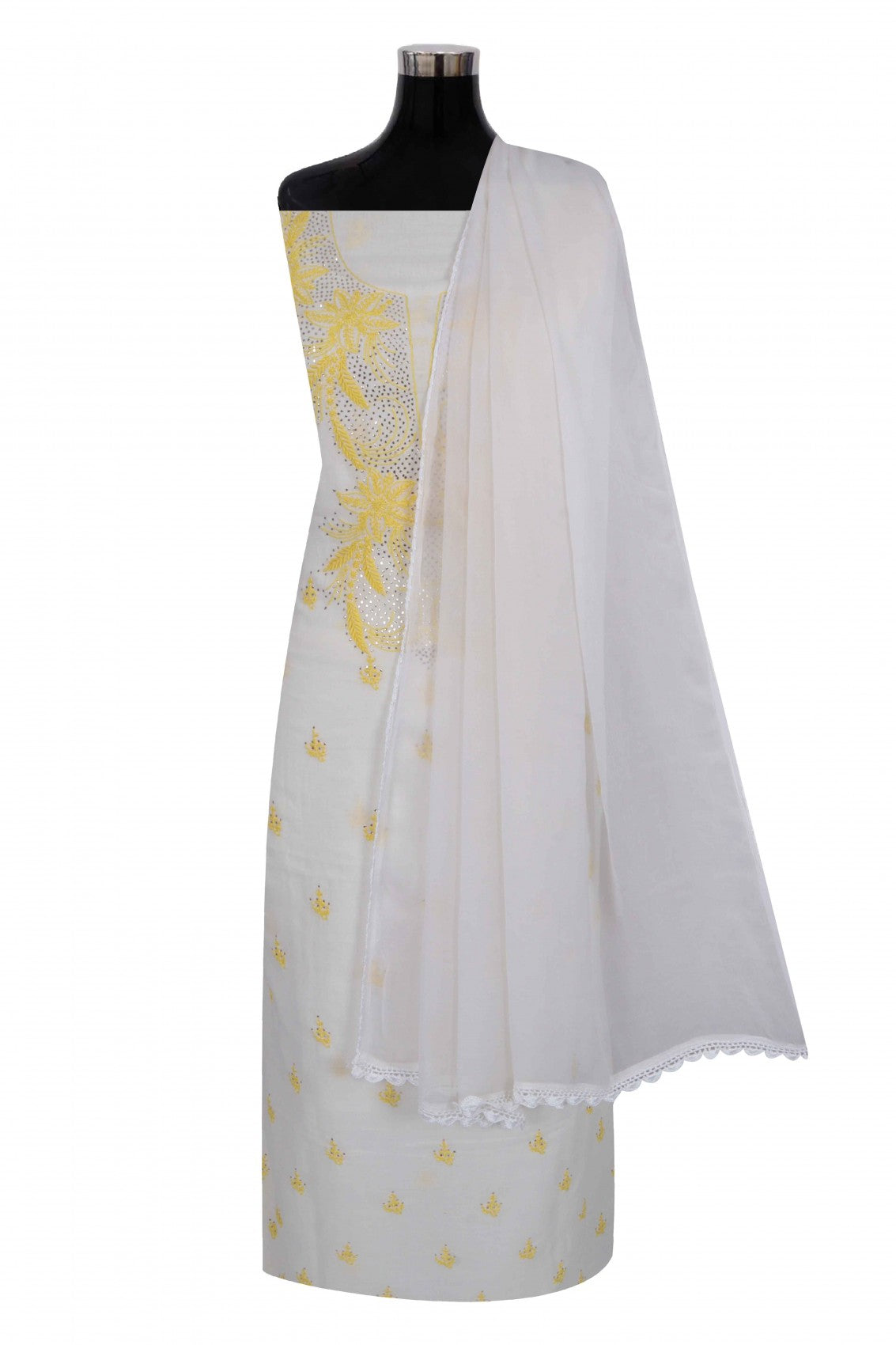 Ada Hand Embroidered White Cotton Lucknowi Chikankari Unstitched Suit Piece With Muqaish Work A588554
