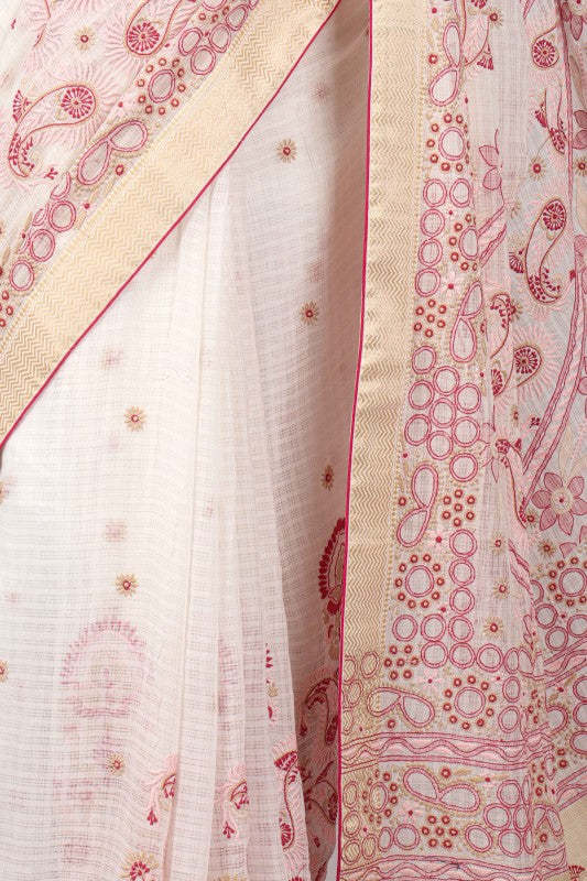 Ada Hand Embroidered Cream Chanderi Lucknowi Chikankari Saree With Blouse A70586