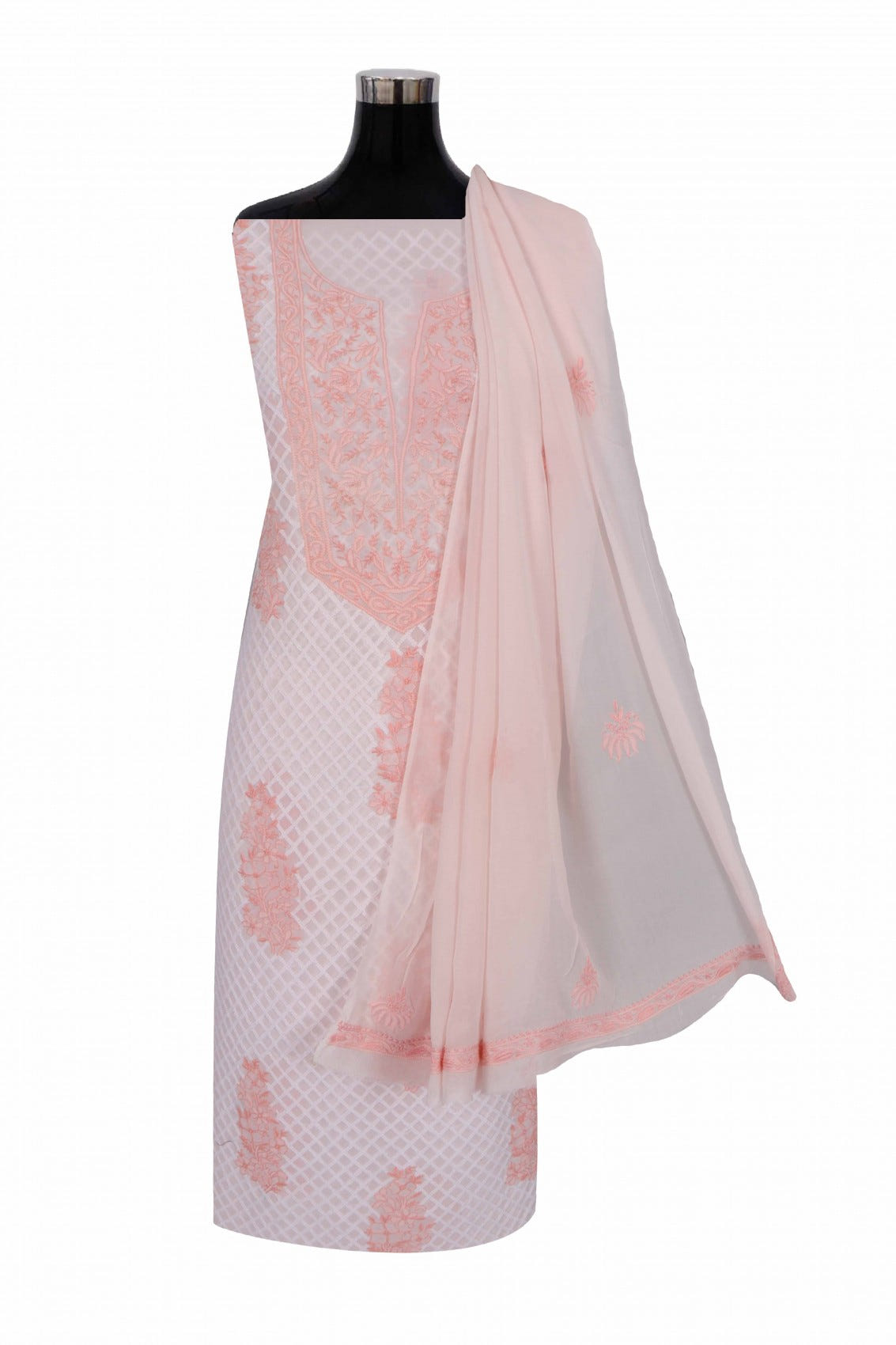 Ada Hand Embroidered Light Peach Pure Georgette Lucknowi Chikankari Unstitched Kurta Dupatta Set A454113