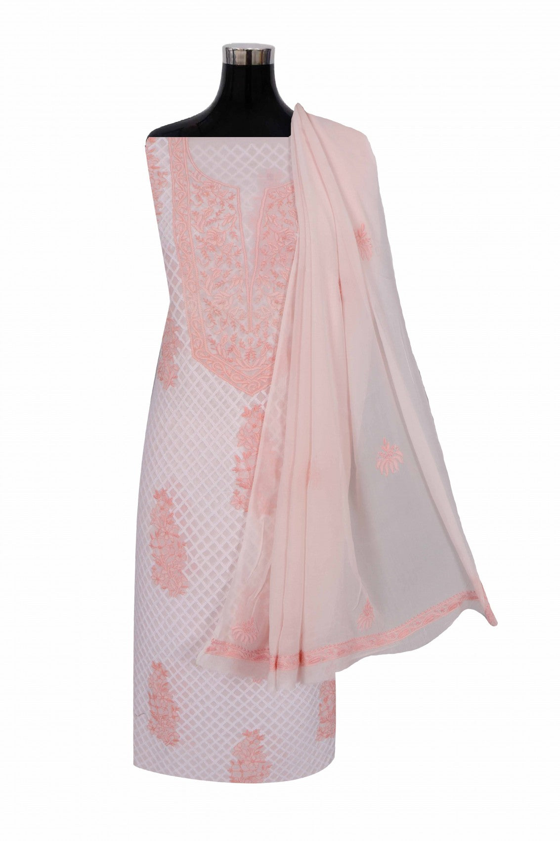 Ada Hand Embroidered Light Peach Pure Georgette Lucknowi Chikankari Unstitched Kurta Dupatta Set A454113