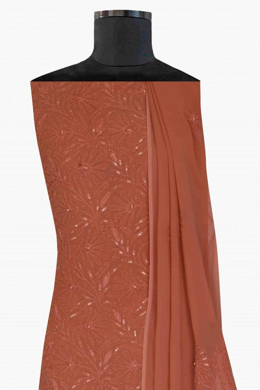 Ada Hand Embroidered Cinnamon Brown Georgette Lucknowi Chikan Unstitched Kurta Dupatta Set With Pearl & Sequinned Work-A611680