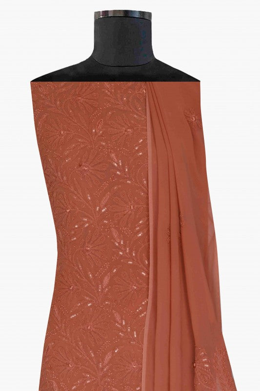 Ada Hand Embroidered Cinnamon Brown Georgette Lucknowi Chikan Unstitched Kurta Dupatta Set With Pearl & Sequinned Work-A611680