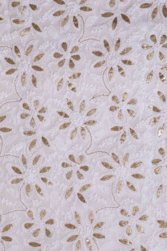 Ada Hand Embroidered White Georgette Lucknowi Chikan Unstitched Kurta Dupatta Set With Gota Patti Work - A618294