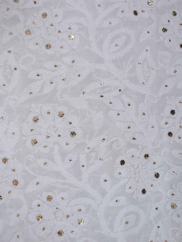 Ada Hand Embroidered White Georgette Lucknowi Chikankari Unstitched Kurta Dupatta Set with Muqaish Work  01A227531