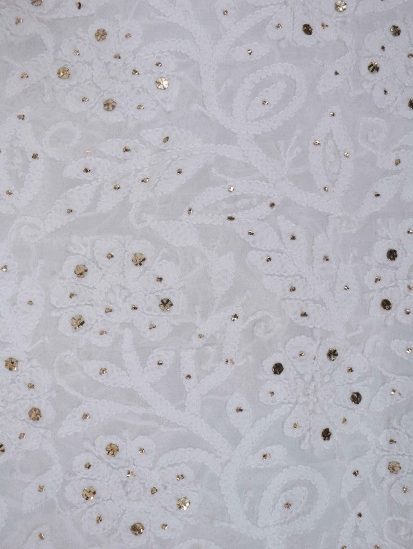 Ada Hand Embroidered White Georgette Lucknowi Chikankari Unstitched Kurta Dupatta Set with Muqaish Work  01A227531