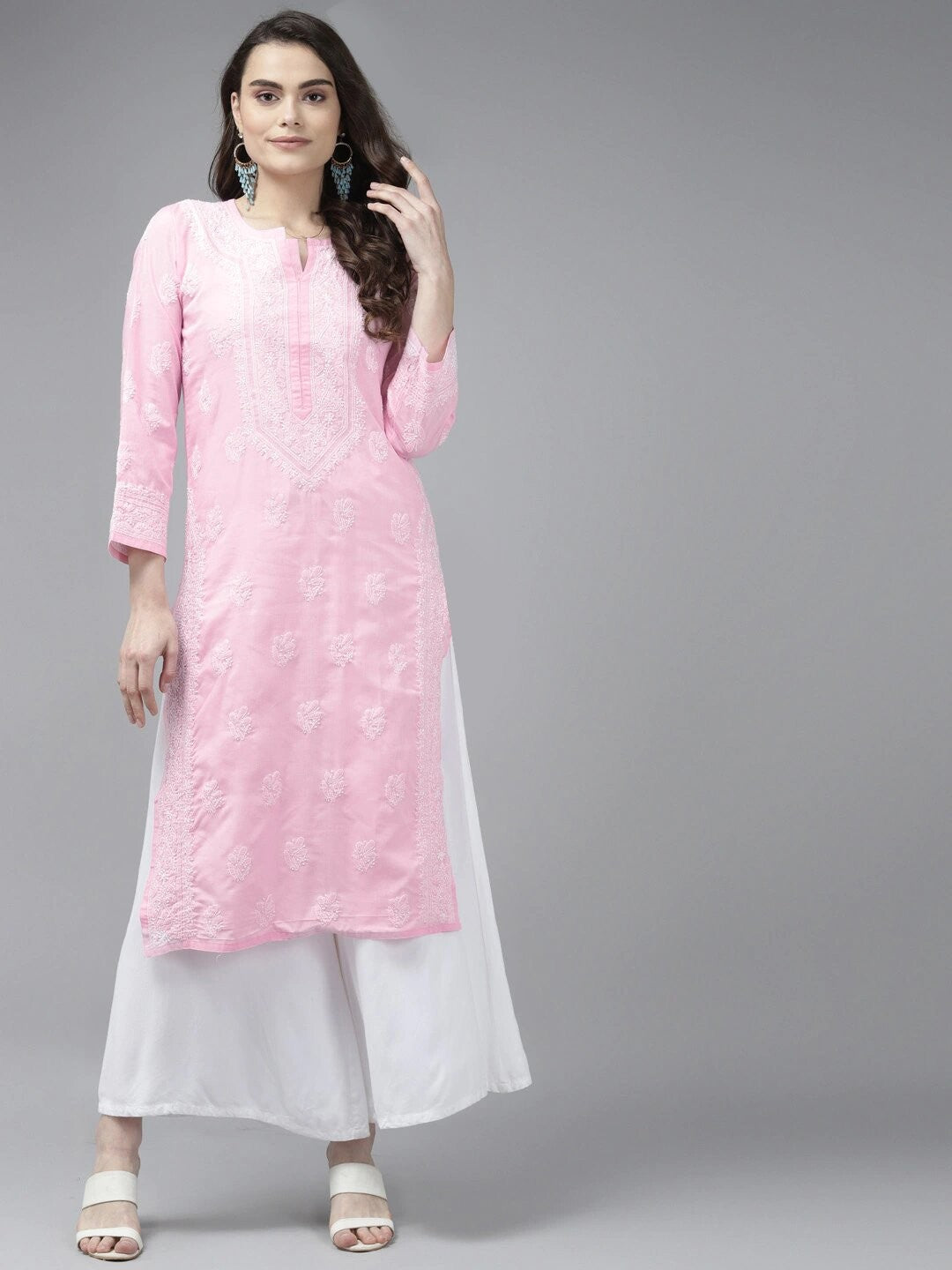 Ada Hand Embroidered Pink Cotton Lucknow Chikan Kurta A411367