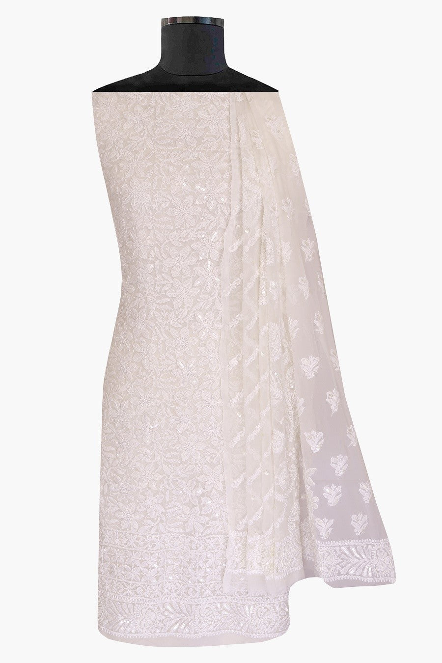 Ada Hand Embroidered White Georgette Lucknowi Chikan Unstitched Kurta Dupatta Set with Pearl & Sequinned A619056
