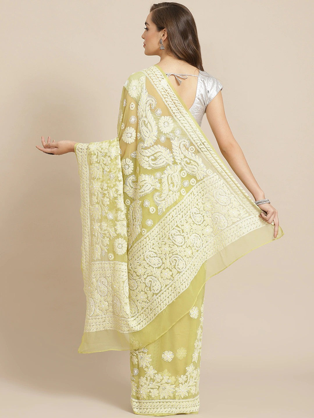 Ada Hand Embroidered Lime Green Georgette Lucknow Chikan Saree with Blouse A311278