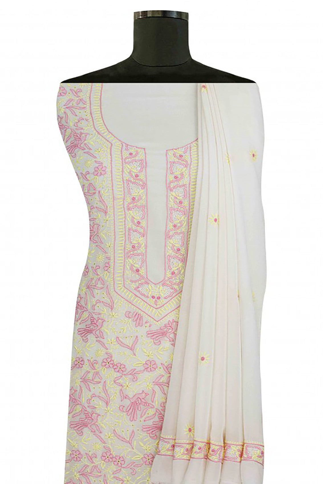 Ada Hand Embroidered White Pure Georgette Chikankari Unstitched Kurta Dupatta Set A223169