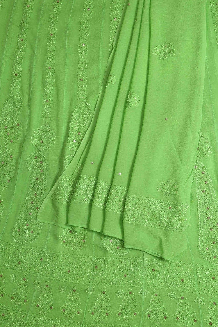 Ada Hand Embroidered Parrot Green Georgette Lucknowi Chikankari Semi-Stitched Anarkali Kurta Dupatta Set With Muqaish Work A619753
