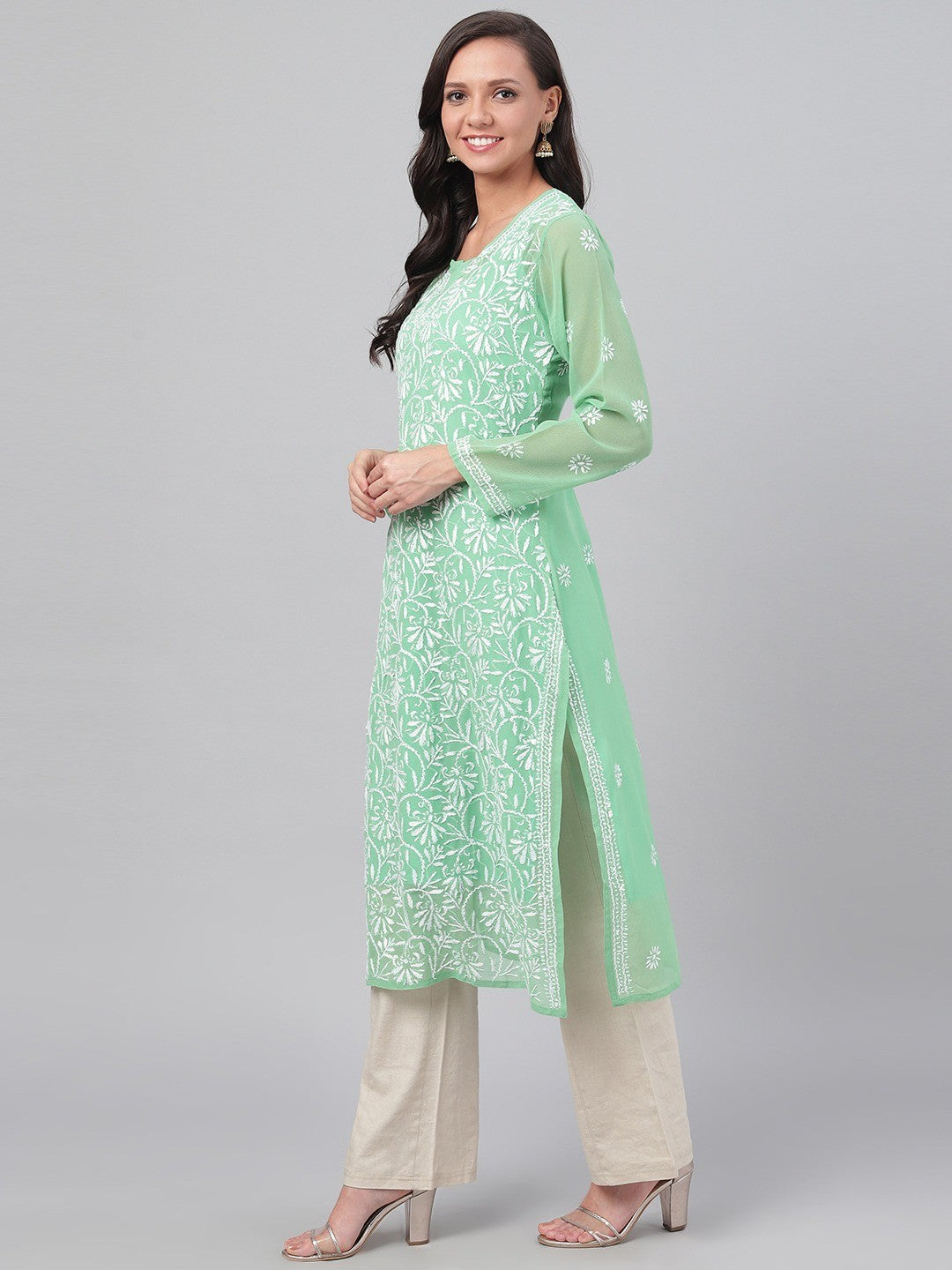 Ada Hand Embroidered Green Georgette Lucknowi Chikankari Straight Kurta with Slip A229644