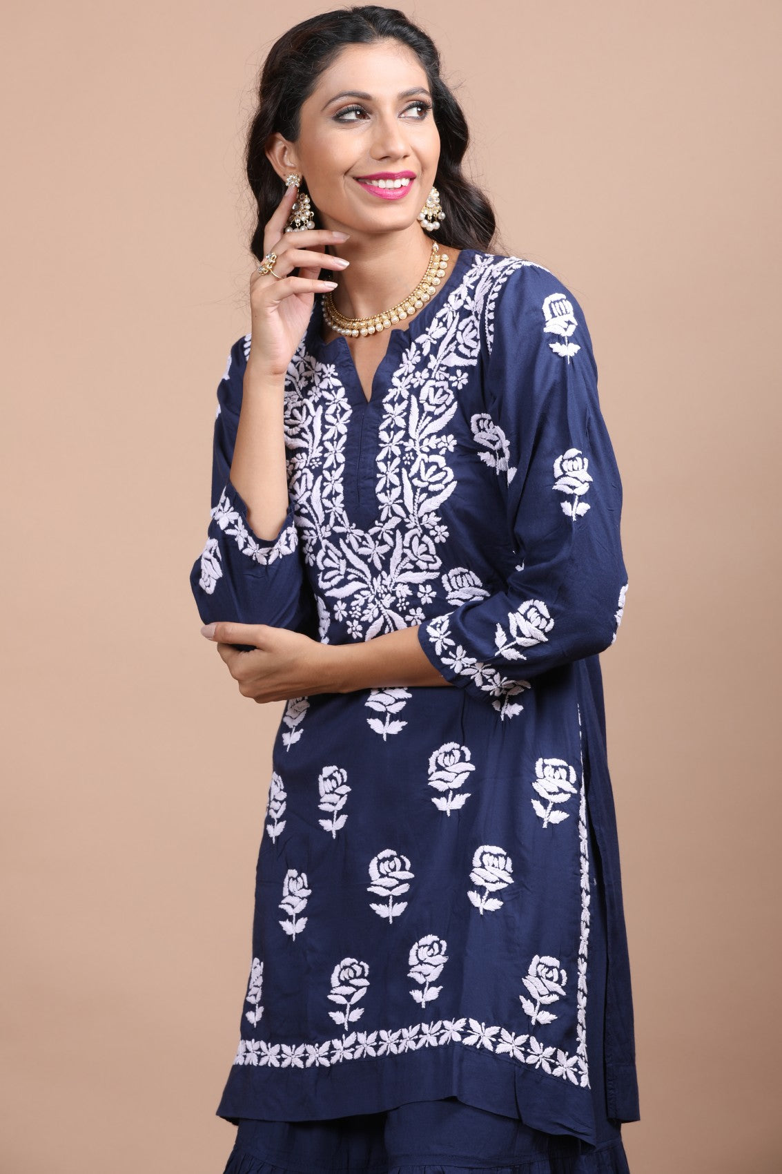 Ada Hand Embroidered Navy Blue Cotton Lucknowi Chikankari Kurta With Plazzo Set 01A206994