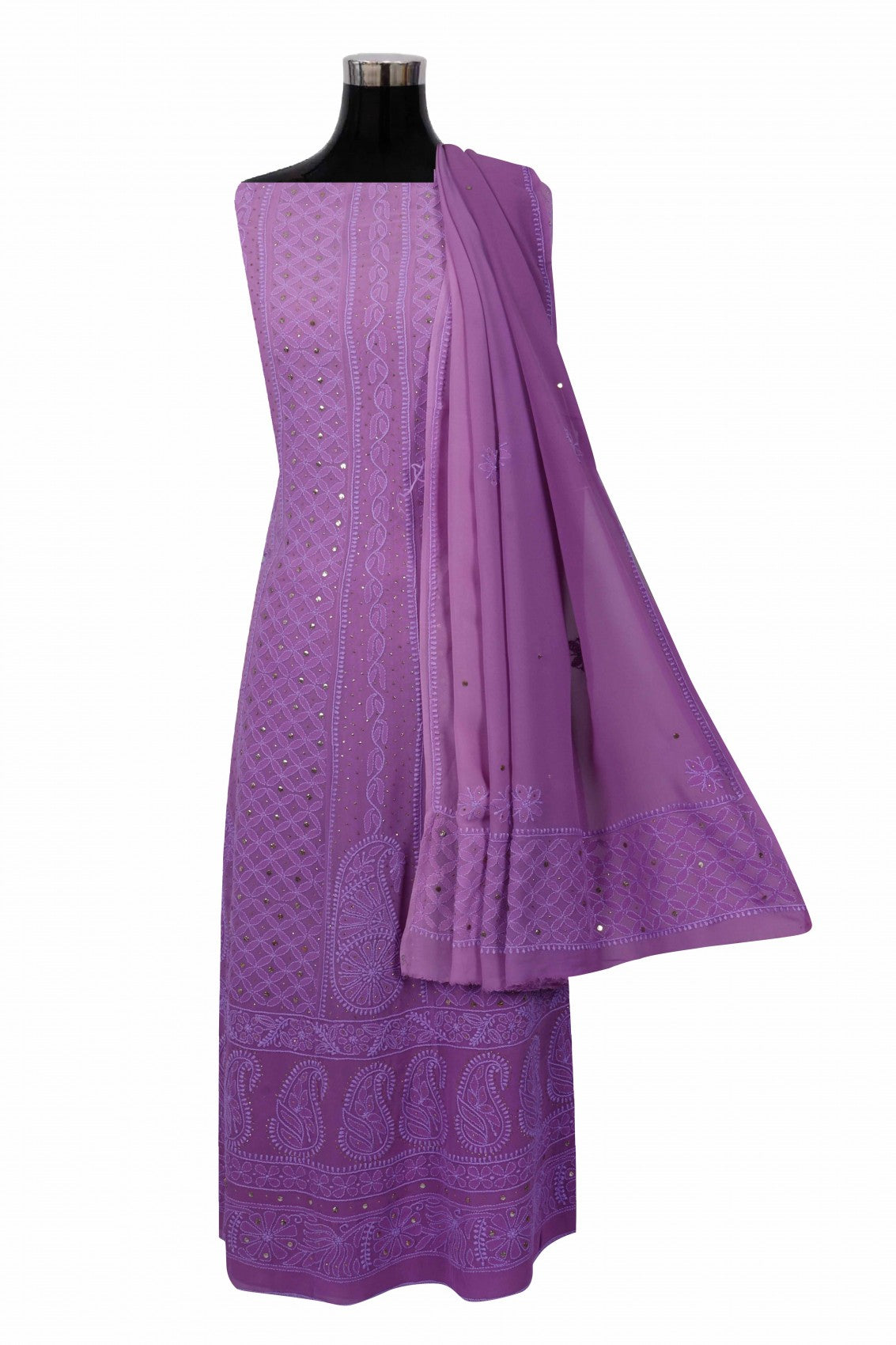 Ada Hand Embroidered Purple Ombre Shade Georgette Lucknowi Chikankari Semi-Stitched Anarkali Kurta Dupatta Set With Muqaish Work 01A207573