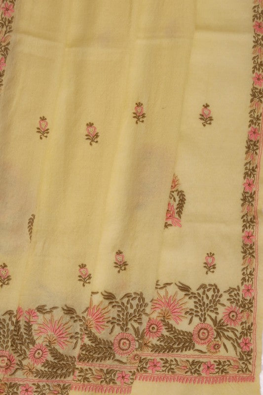 Ada Hand Embroidered Custard Cream Lucknow Chikankari Woolen Stole A222653