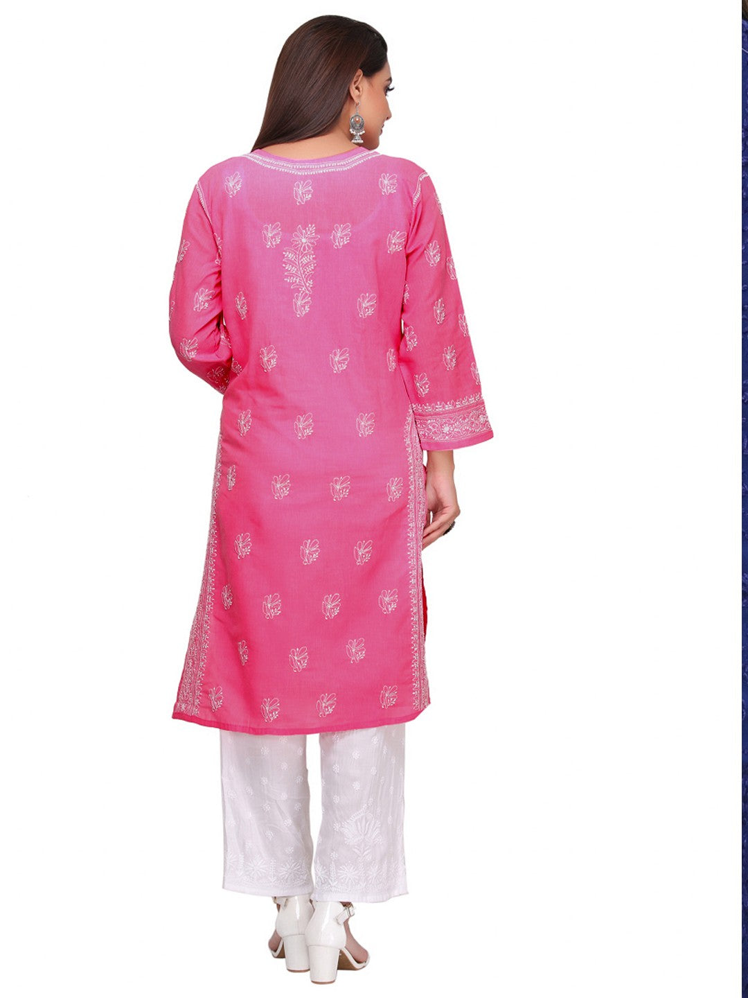 Ada Hand Embroidered Onion Pink Cotton Lucknowi Chikankari Straight Kurta A414011