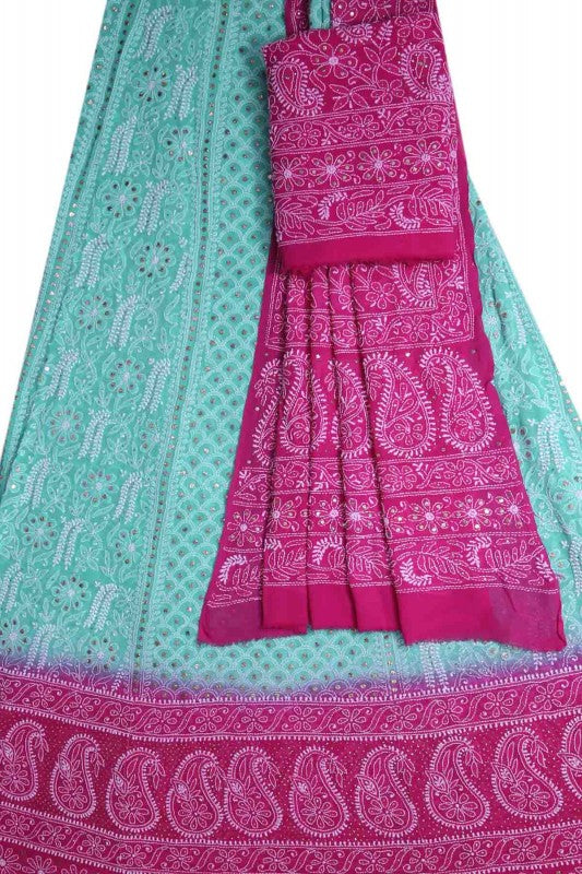 Ada Hand Embroidered Magenta/Sea Green Shaded Pure Georgette Lucknowi Chikankari Lehenga Set With Muqaish Work-A574888